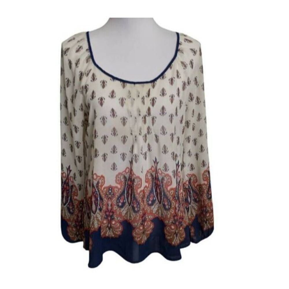 BLU PEPPER CREAM, NAVY, & ORANGE SHEER BLOUSE SZ.L GUC.